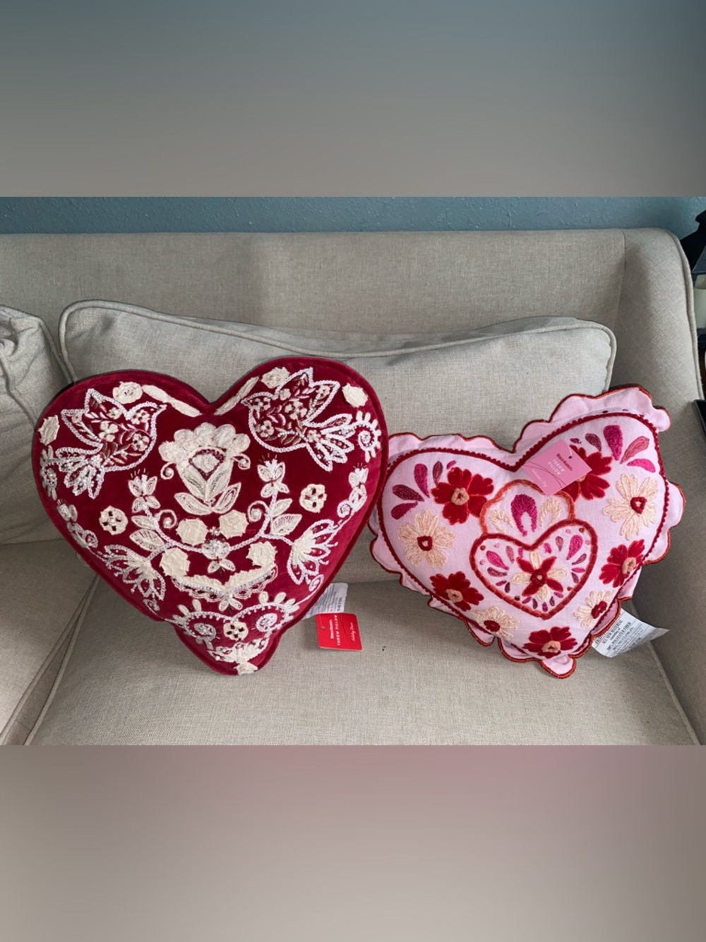 Cost Plus World Market Pink Heart Pillow with Red Trim